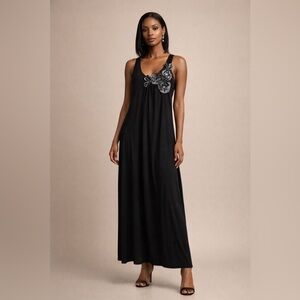 Women’s Black Embellished Floral Halter Maxi Dress for Cocktail Size M Y2K